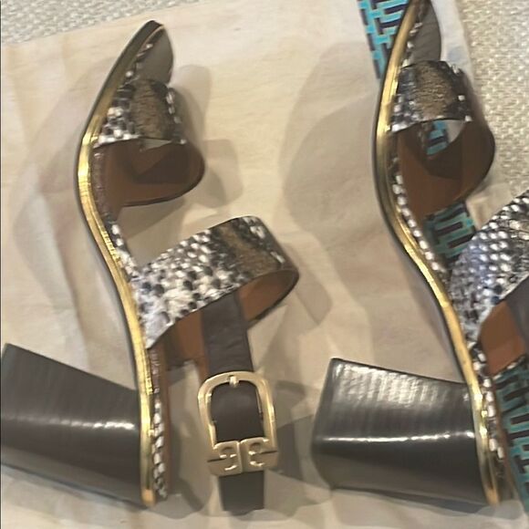 Tory Burch Brown and Black Snakeskin Chunky Heeled Sandals - Picture 7 of 8